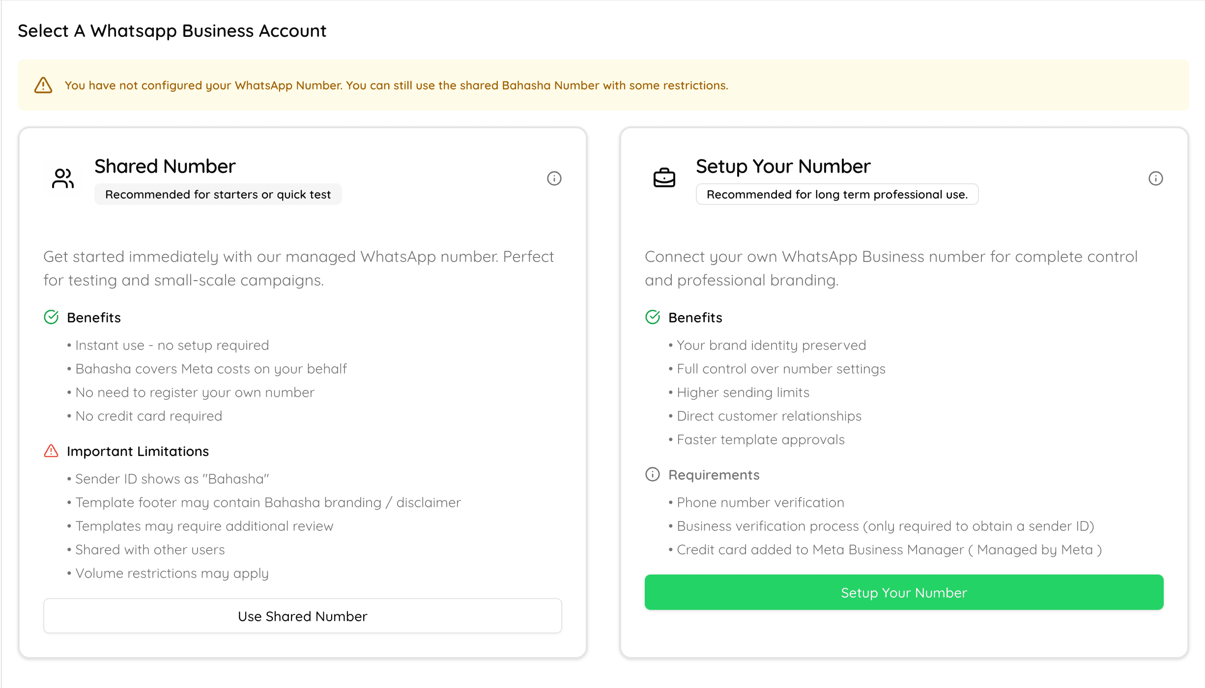 Bahasha WhatsApp Account Options